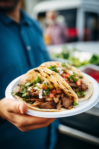 Kostenloses Foto seitenansichtmann, der köstliche tacos hält