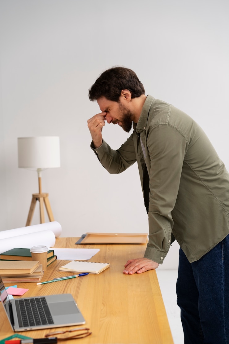 Kostenlose Foto seitenansichtmann, der sich mit dem hochstaplersyndrom befasst