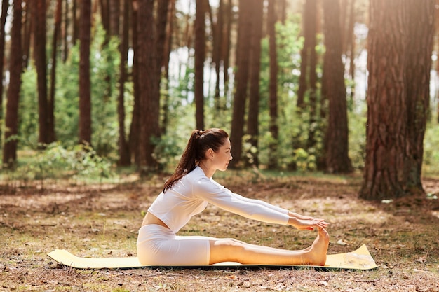 Seitenansichtporträt von Sportbekleidung, die in Sit-up-Position im Freien sitzt, Yoga-Training im Wald, Training in der Natur, Entspannung und Meditation, gesunder Lebensstil.