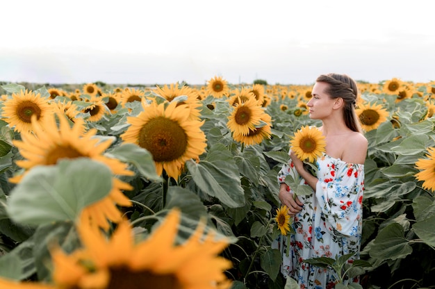 Seitenansichtsfrau, die im Sonnenblumenfeld aufwirft