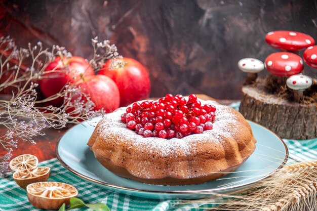 Seitennahaufnahme ein Kuchen ein appetitlicher Kuchen mit roten Johannisbeeren auf den weiß-blauen Tischdecken Äpfel