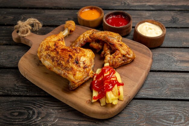 Seitennahaufnahme Hühnchen- und Gewürzschüsseln mit drei Arten von Saucen neben den Hühnerflügeln und -beinen mit Pommes frites und Ketchup auf dem Schneidebrett auf dunklem Hintergrund