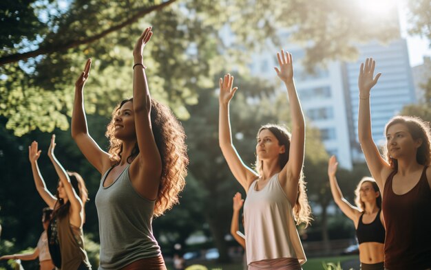 Seitliche Ansicht von Leuten, die zusammen Yoga machen