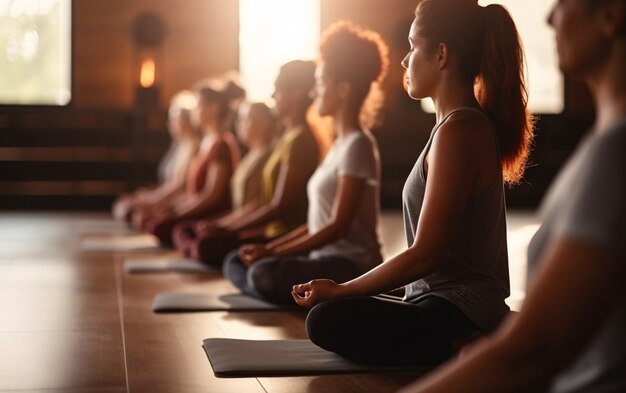 Seitliche Ansicht von Leuten, die zusammen Yoga machen