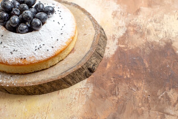 Seitliche Nahaufnahme Kuchen das Holzbrett mit einem Kuchen mit schwarzen Trauben und Puderzucker