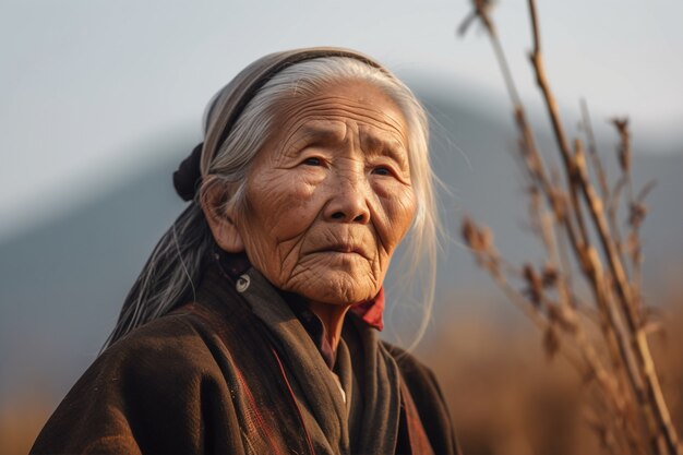 Seitliche Sicht alte Frau mit starken ethnischen Merkmalen