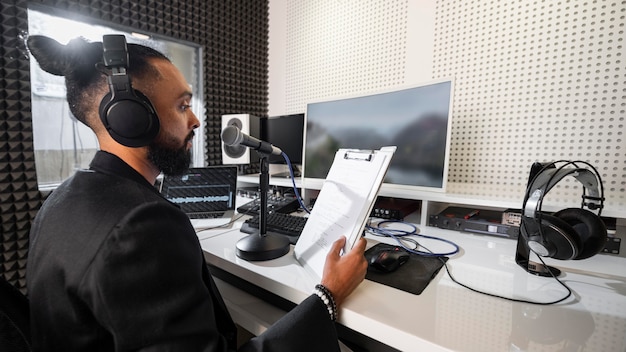 Seitwärts Mann, der an einem Radiosender arbeitet