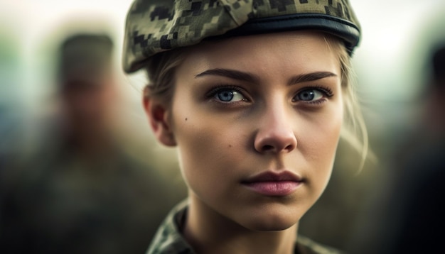 Selbstbewusste junge Frau in Militäruniform im Freien, generiert von KI