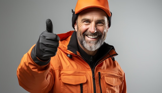 Selbstbewusster Bauarbeiter mit orangefarbenem Helm zeigt Daumen nach oben, generiert durch künstliche Intelligenz