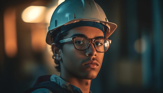 Selbstbewusster Ingenieur mit Hardhat, der auf die von KI generierte Kamera blickt