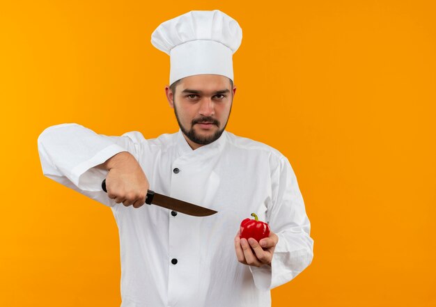 Selbstbewusster junger männlicher Koch in Kochuniform, der Pfeffer und Messer isoliert auf oranger Wand mit Kopierraum hält
