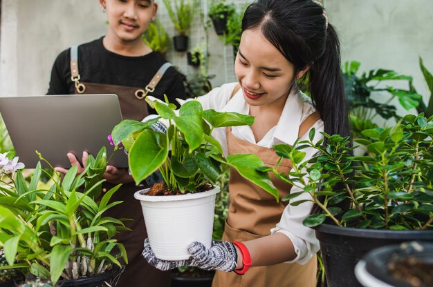 Selektiver Fokus, asiatisches junges Gärtnerpaar, das eine Schürze trägt, verwendet Gartengeräte und einen Laptop, um sich zu kümmern