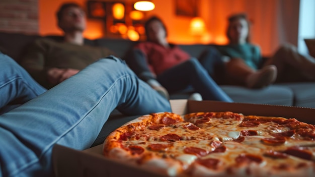 Selektiver Fokus auf Pizza auf dem Tisch und verschwommenes Porträt von Teenagern, die auf dem Sofa sitzen und fernsehen