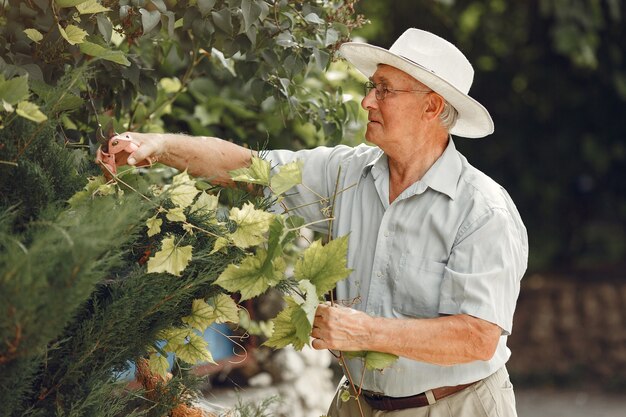 Senior Gärtner genießt seine Arbeit im Garten. Alter Mann in einem weißen Hemd.