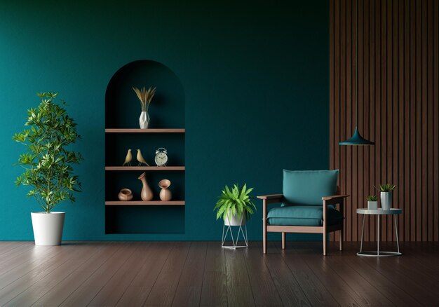 Sessel im grünen Wohnzimmer mit Kopierraum