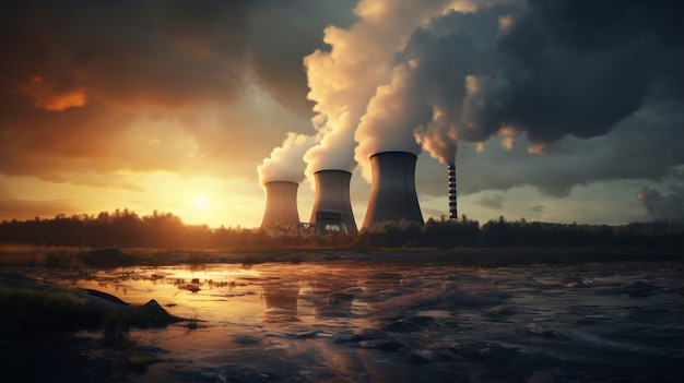 Sicht auf das Kernkraftwerk mit Türmen, die Dampf aus dem Prozess auslassen