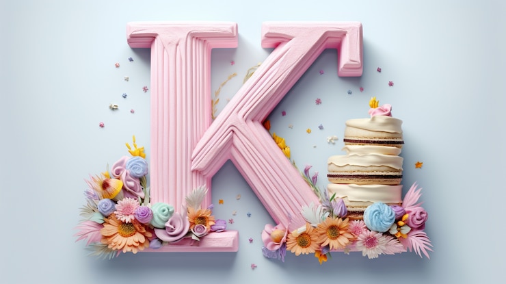 Kostenlose Foto sicht auf den 3d-buchstaben k mit blumen und kuchen