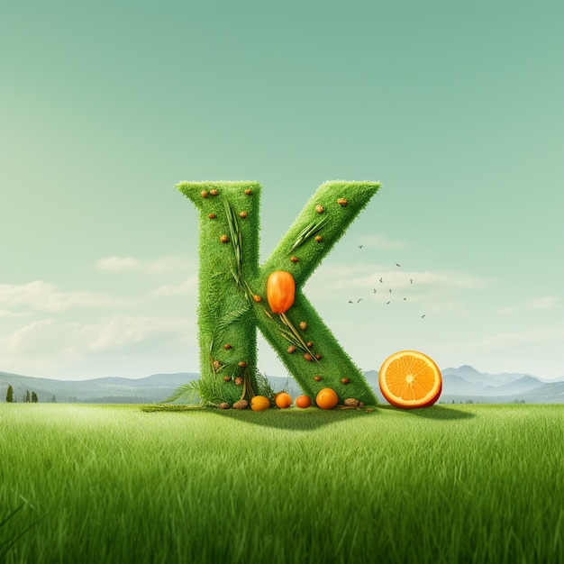 Sicht auf den 3d-Buchstaben k mit Gras und Zitrusfrüchten auf dem Feld