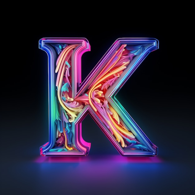 Sicht auf den 3D-Buchstaben k mit Neonfarben