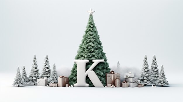 Sicht auf den 3D-Buchstaben k mit Weihnachtsbäumen