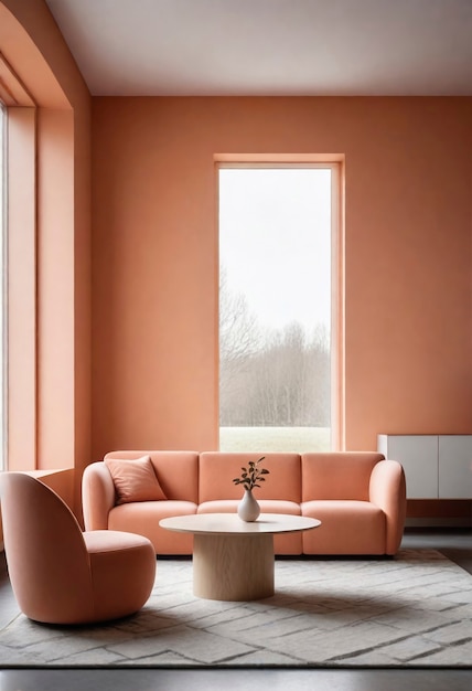 Sicht auf den Innenarchitekturraum mit der Farbe des Jahres, Möbeln und Dekorationen