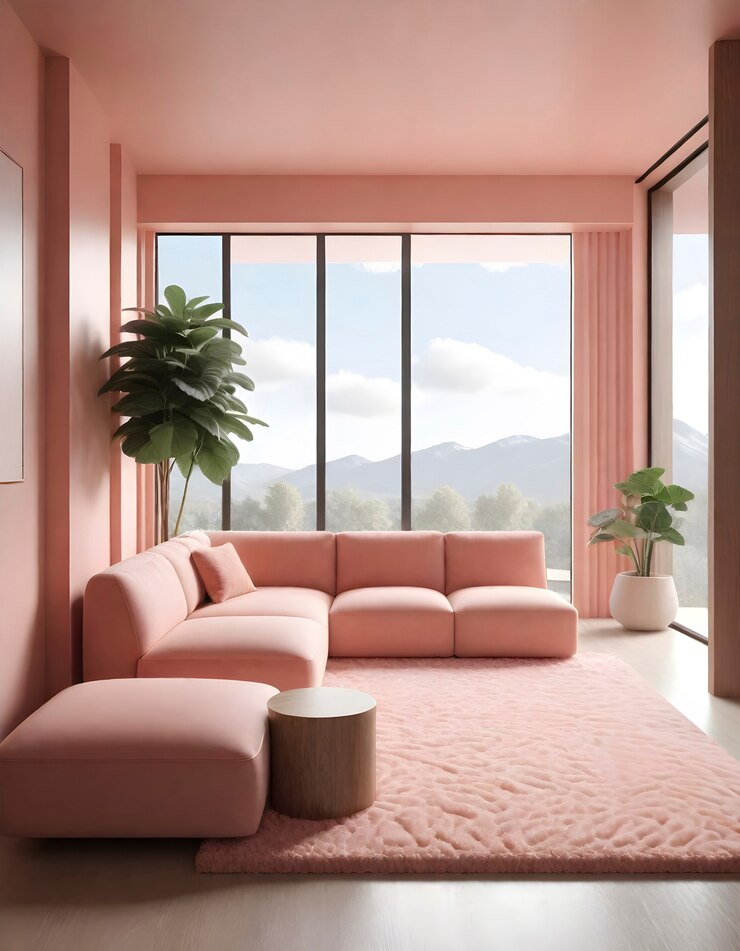 Kostenlose Foto sicht auf den innenarchitekturraum mit der farbe des jahres, möbeln und dekorationen