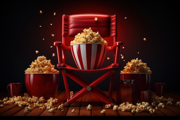 Sicht auf den Stuhl des 3D-Filmregisseurs mit Popcorn