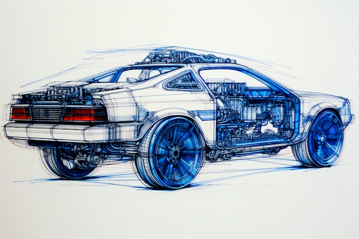 Kostenlose Foto sicht auf ein 3d-auto im sketch-stil