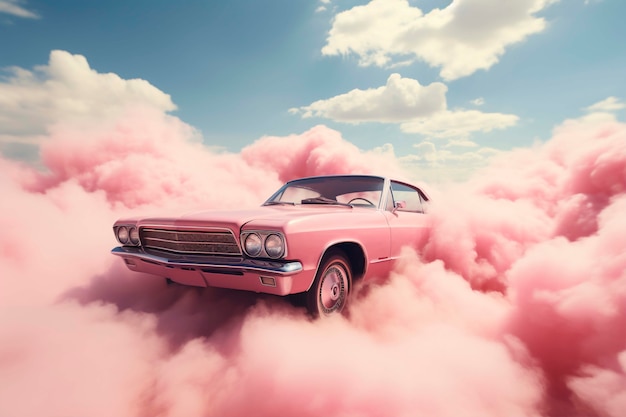 Sicht auf ein 3D-Auto in rosa Wolken