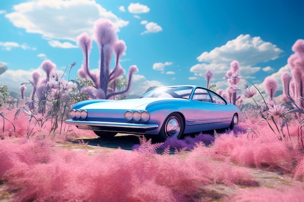 Kostenloses Foto sicht auf ein 3d-auto mit abstrakter landschaft