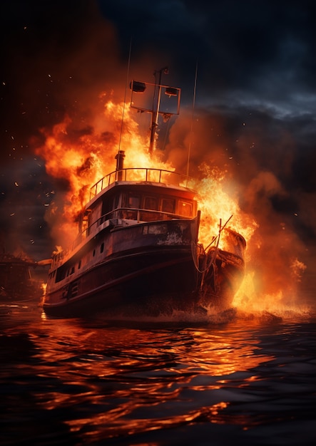 Sicht auf ein Boot in Flammen