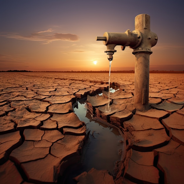 Sicht auf eine Fantasie-Landschaft mit surrealistischem fließendem Wasserhahn für den Weltwassertag