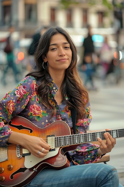 Kostenloses Foto sicht auf eine frau, die ein e-gitarren-instrument spielt