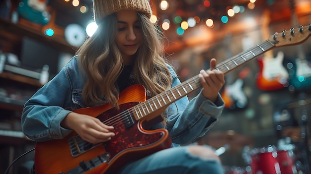 Kostenloses Foto sicht auf eine frau, die ein e-gitarren-instrument spielt