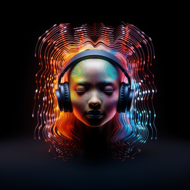 Sicht auf eine futuristische Person, die Musik mit Kopfhörern hört
