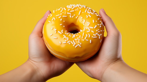 Kostenloses Foto sicht auf eine person, die einen köstlichen glasierten donut hält