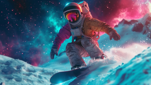 Sicht auf einen Astronauten im Raumanzug, der auf dem Mond Snowboard fährt