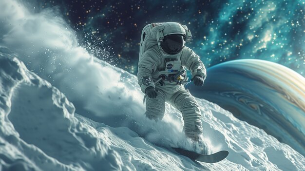 Sicht auf einen Astronauten im Raumanzug, der auf dem Mond Snowboard fährt