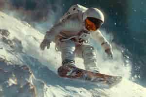 Kostenloses Foto sicht auf einen astronauten im raumanzug, der auf dem mond snowboard fährt