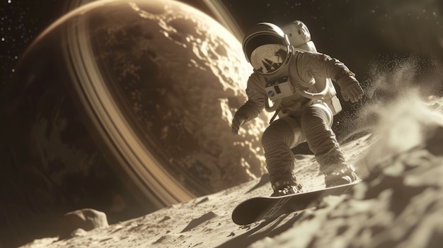 Kostenloses Foto sicht auf einen astronauten im raumanzug, der auf dem mond snowboard fährt