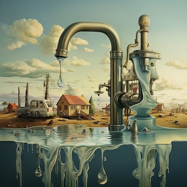 Sicht auf einen Fantasiehahn mit fließendem Wasser und surrealistischer Landschaft für den Weltwassertag