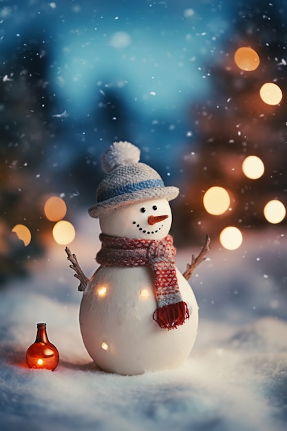 Kostenloses Foto sicht auf einen schneemann mit winterlandschaft und schnee