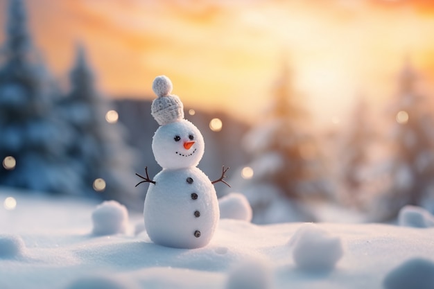 Sicht auf einen Schneemann mit Winterlandschaft und Schnee