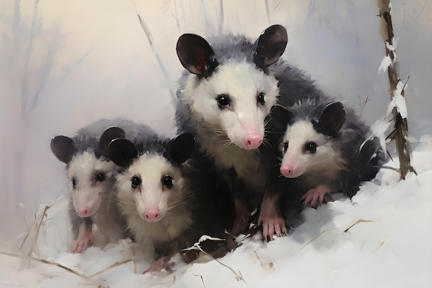 Kostenloses Foto sicht auf opossum-tier im digitalen kunststil mit schnee