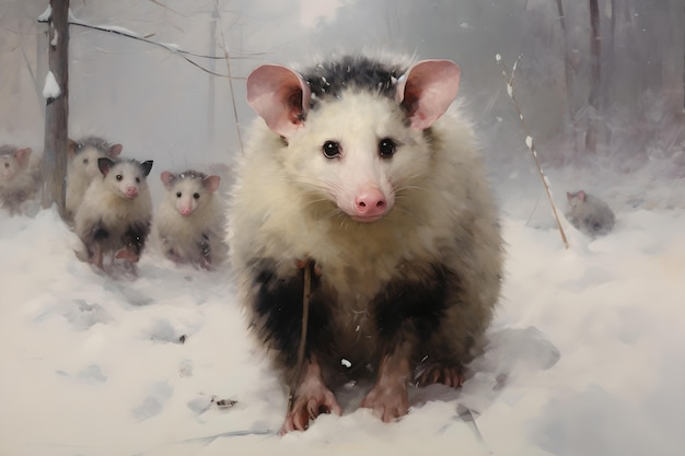 Sicht auf Opossum-Tier im digitalen Kunststil mit Schnee