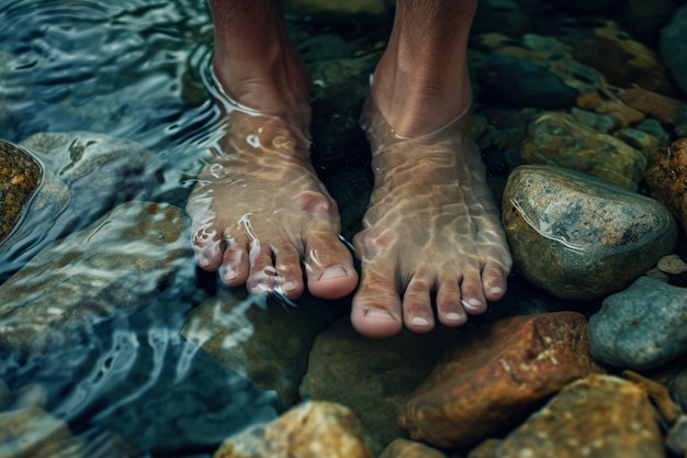 Sicht auf realistische Füße, die klares fließendes Wasser berühren
