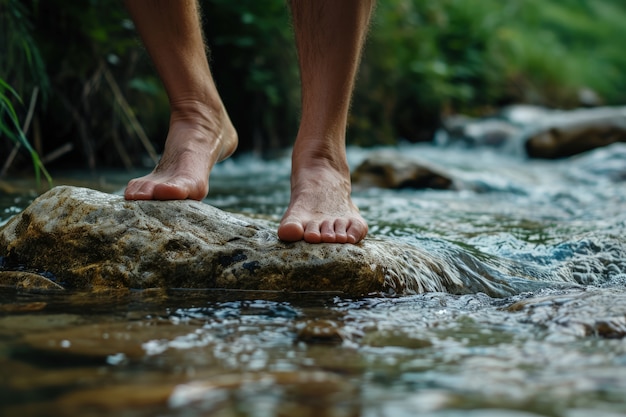 Sicht auf realistische Füße, die klares fließendes Wasser berühren