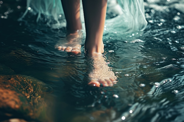 Kostenloses Foto sicht auf realistische füße, die klares fließendes wasser berühren