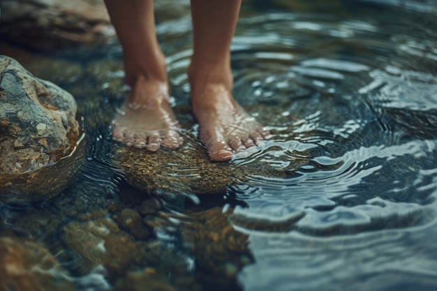Kostenloses Foto sicht auf realistische füße, die klares fließendes wasser berühren