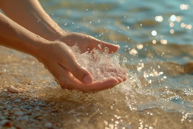 Kostenloses Foto sicht auf realistische hände, die klares, fließendes wasser berühren